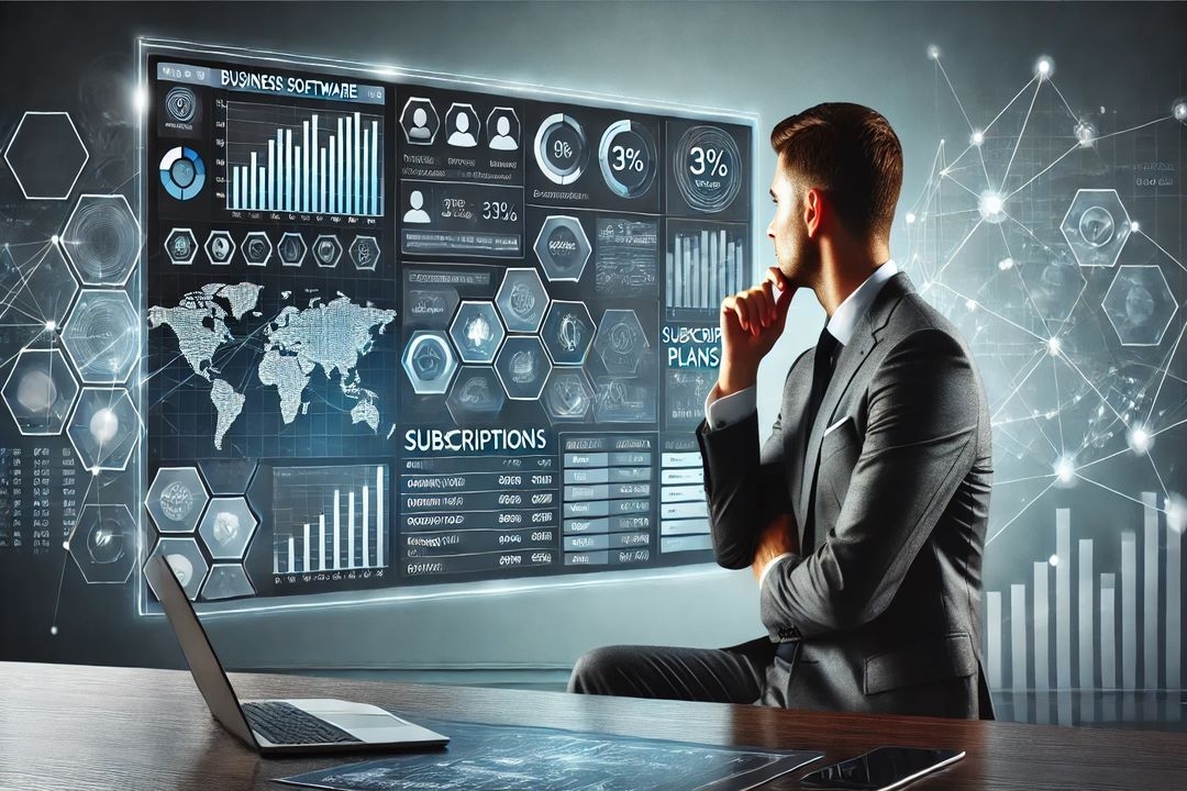 A professional business setting with a modern software interface displayed on a large screen. The interface shows graphs, pricing options